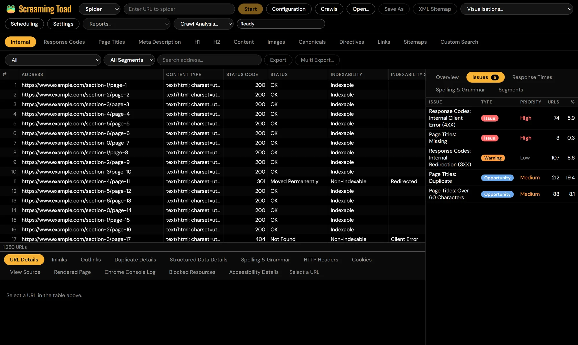 Screaming Toad showing the Internal tab of a crawl: URLs with status codes and indexability, and an Issues panel listing 4XX errors, missing and duplicate page titles by priority.